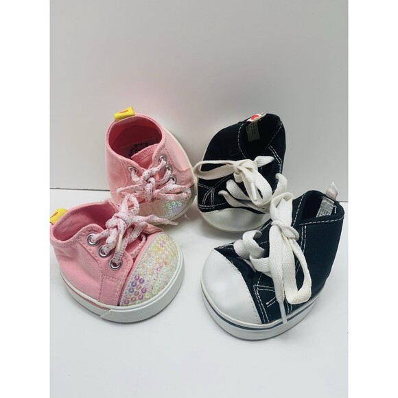 2 Pair Build A Bear High Top Black & White Sneakers Shoes & Pink Sequin Sneakers - Picture 2 of 10